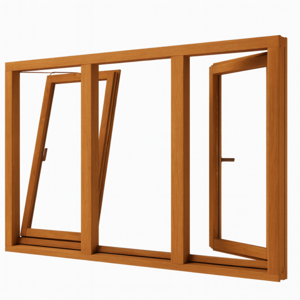 Houten 2 draaikiepramen en vast glas 3 vakken