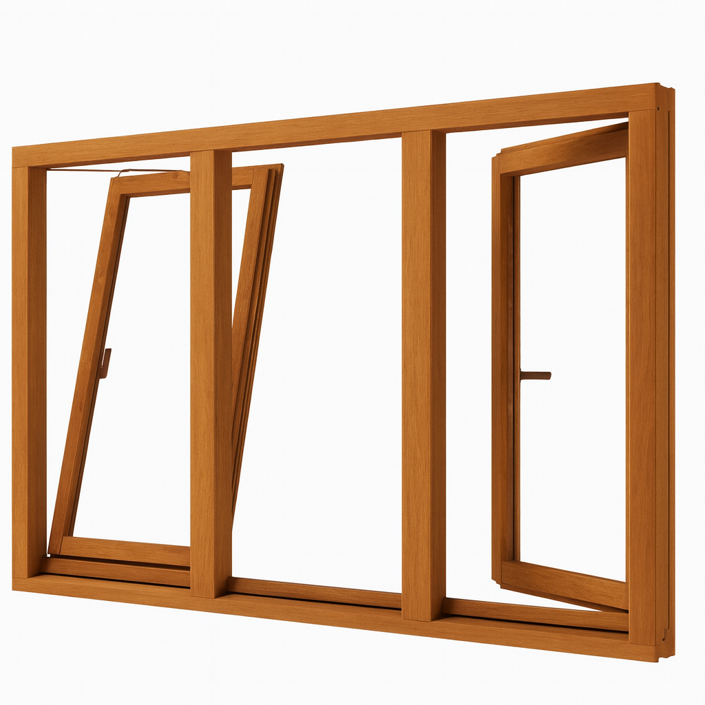 Houten 2 draaikiepramen en vast glas 3 vakken