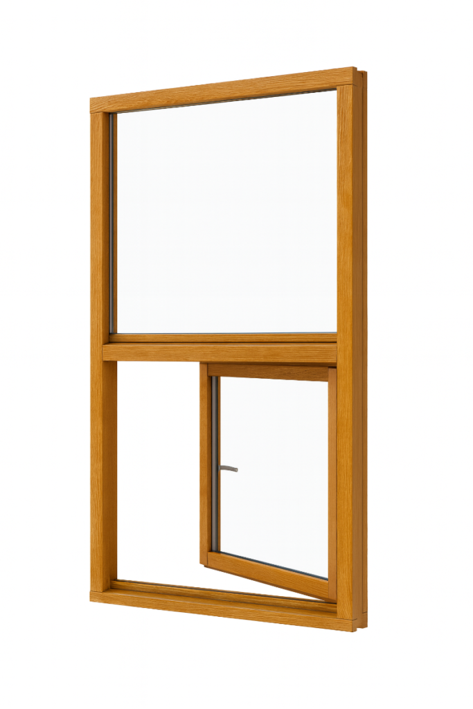 Houten draaikiepraam boven en vast glas verticaal 2 vakken