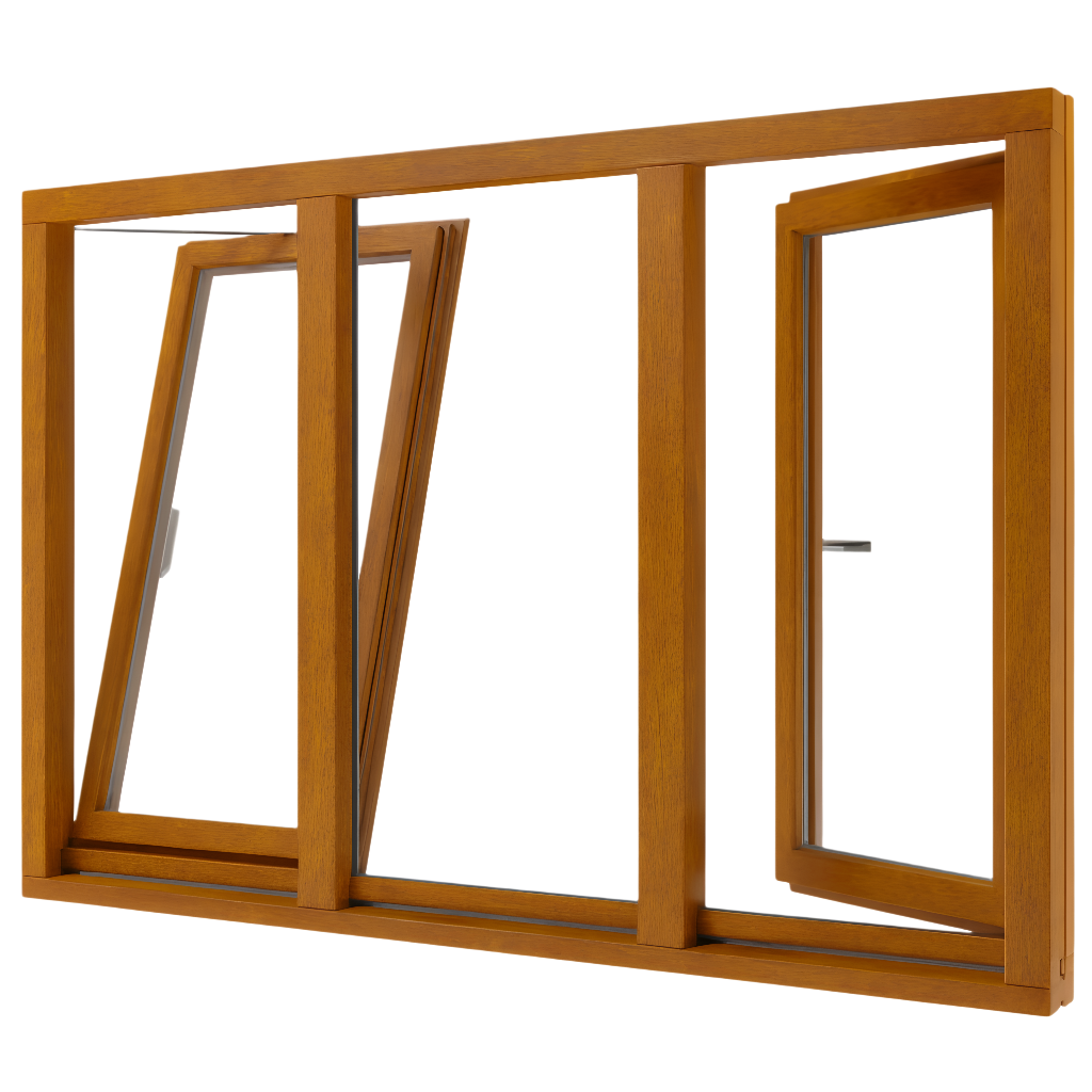 Houten draaikiepraam en vast glas 3 vakken