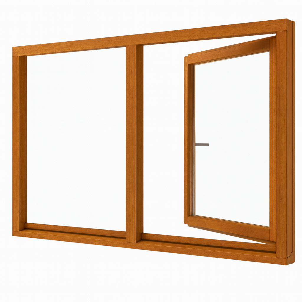Houten draaikiepraam rechts en vast glas 2 vakken