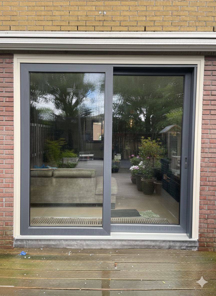 2-delige hefschuifpui | aluminium 4 Antraciet 2-delige kunststof schuifpui in bakstenen gevel met zicht op modern interieur en tuinreflectie