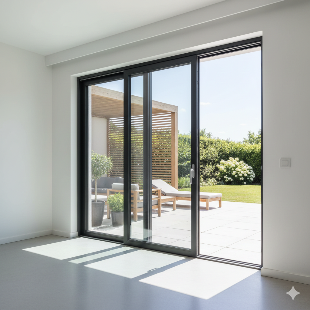 2-delige hefschuifpui | aluminium 3 Zwarte Schüco 2-delige kunststof hefschuifpui in een strak wit interieur met uitzicht op terras en pergola.