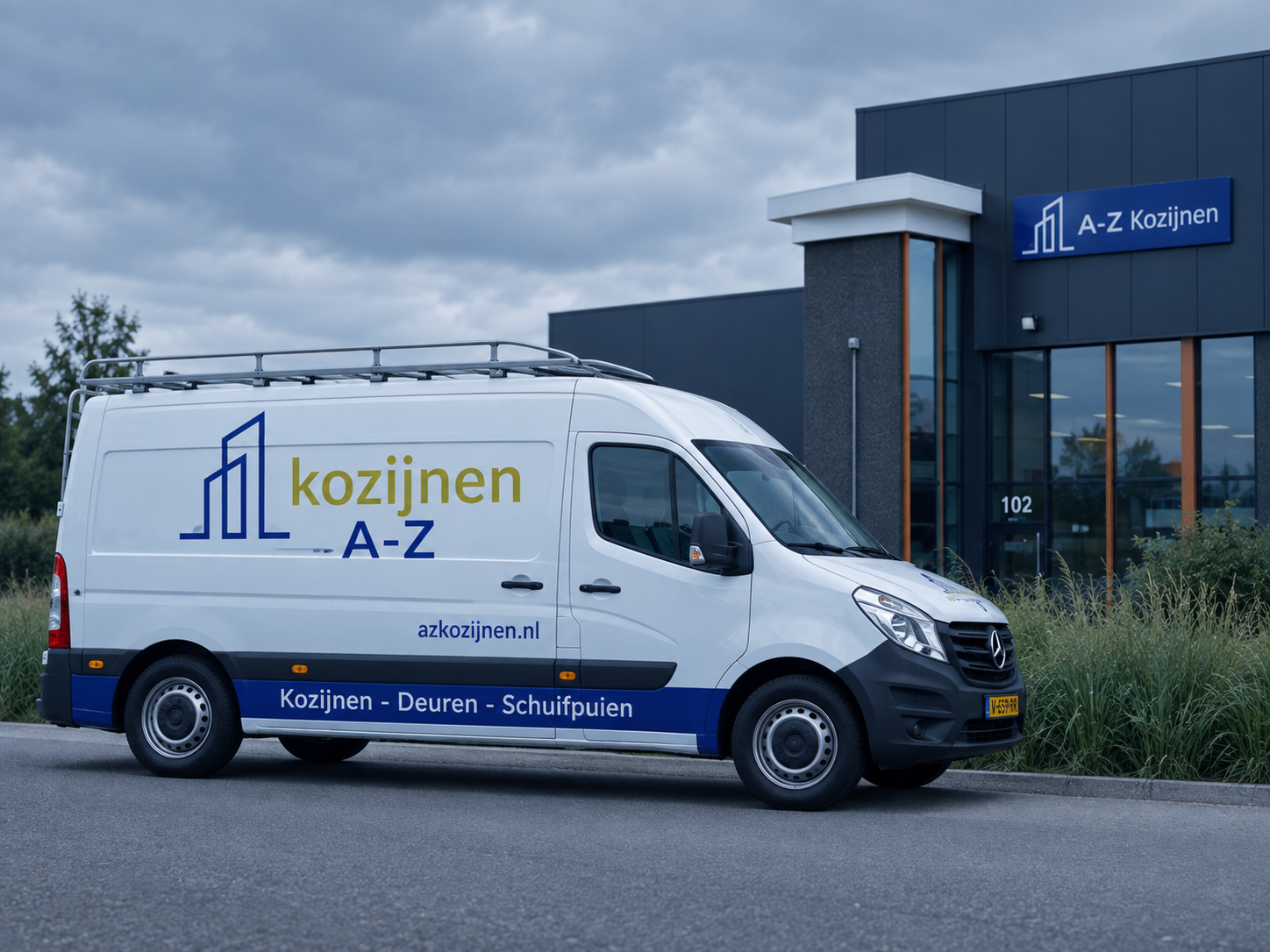 AZ Kozijnen bedrijfsbus voor het pand aan de Overschieseweg in Rotterdam